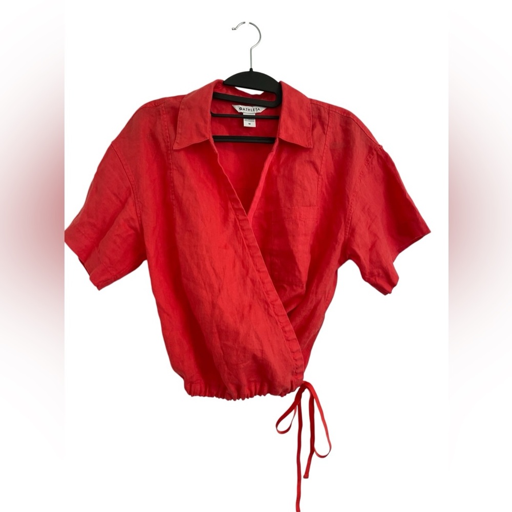 NWT Athleta Playa Tie Top‎ Passionfruit Coral Lightweight Collared Linen Shirt